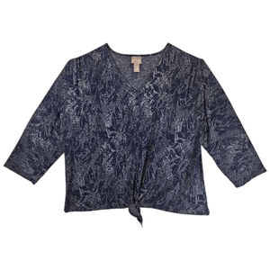 Chico’s Size 3 (XL) Knit V Neck Top Dolman 3/4 Sleeve Blue Gray Print Tie Front